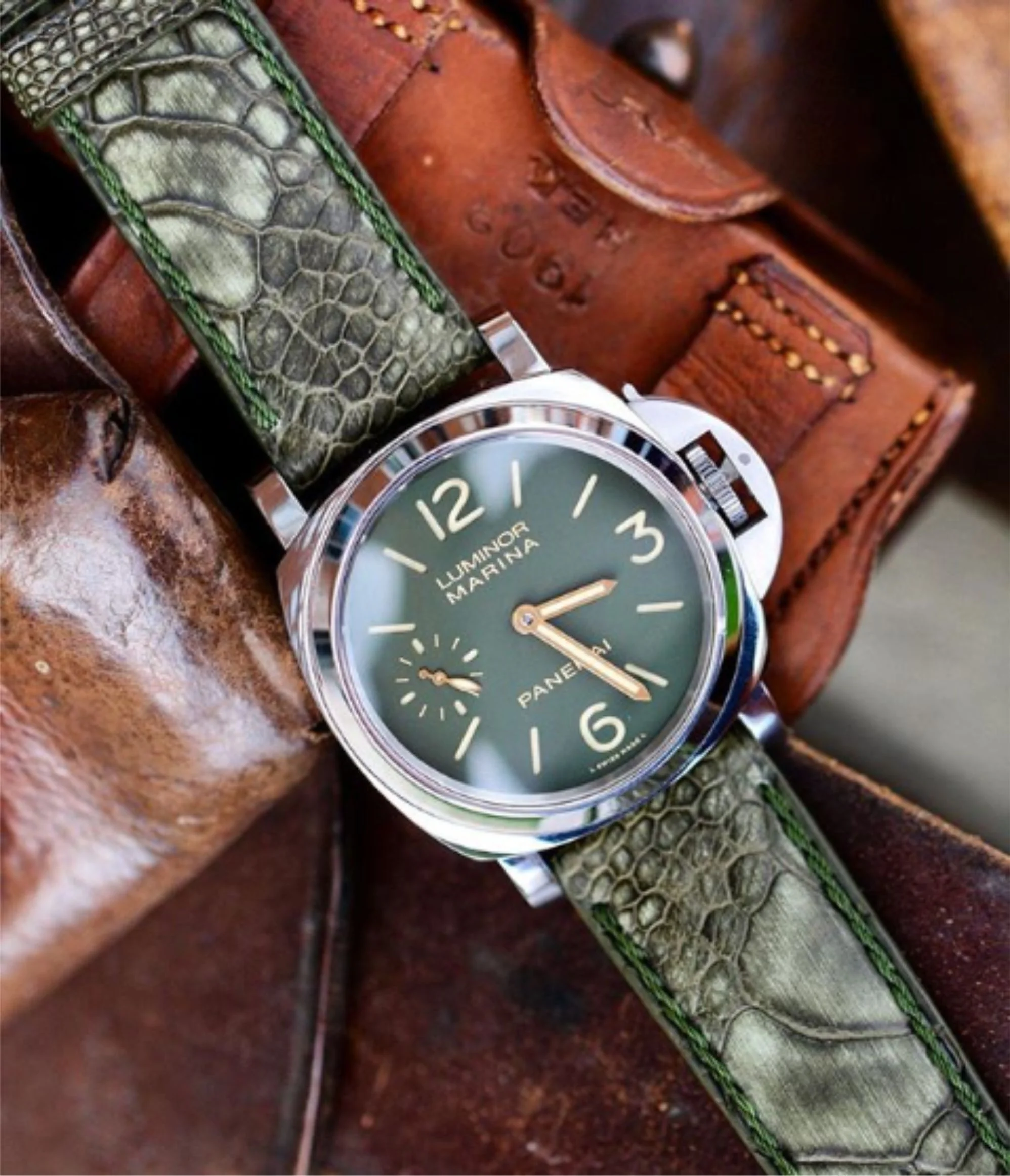 DISTRESSED OLIVE OSTRICH LEG STRAP + GREEN SPANISH STITCHING FOR PANERAI PAM911