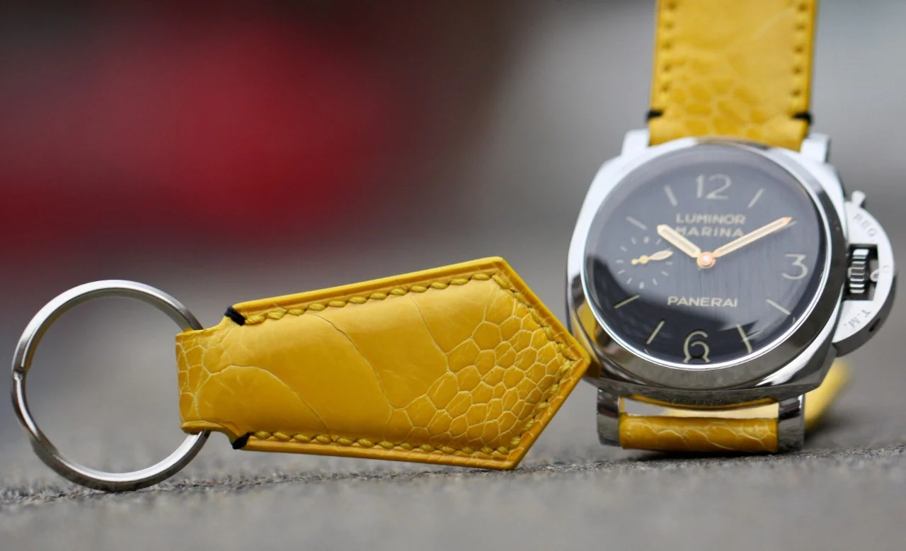 Yellow Ostrich Leg Strap + Black and Yellow Stitching for Panerai PAM422, Yellow Ostrich Leg Keychain