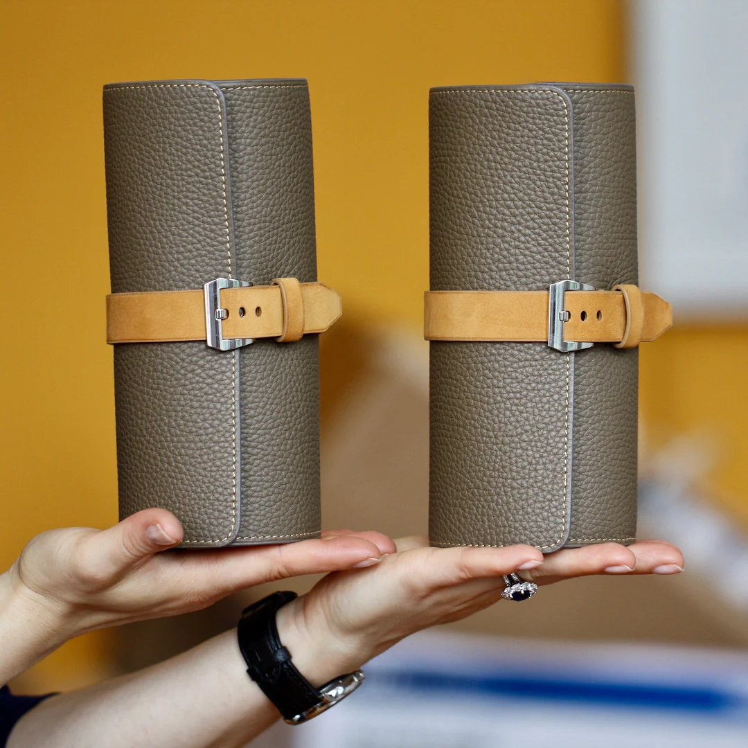Taupe Leather Grain Watchroll with Sand Strap