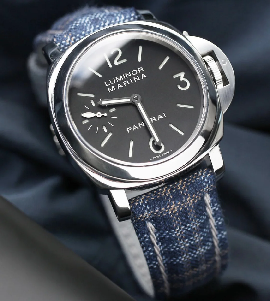 Blue baby cashmere strap with grey Spanish Embroidery stitching for Panerai PAM111 24mm