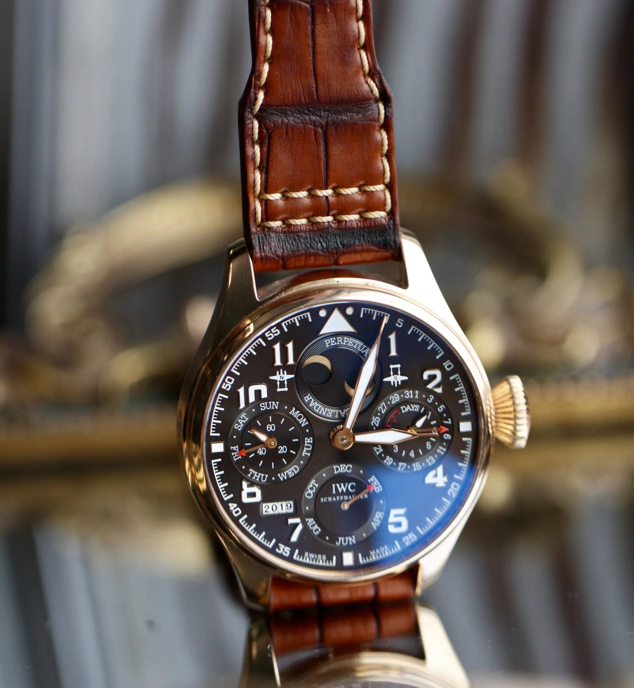 French Patina alligator with patina stitching for IWC Big Pilot Perpetual Calendar Rose Gold 22mm