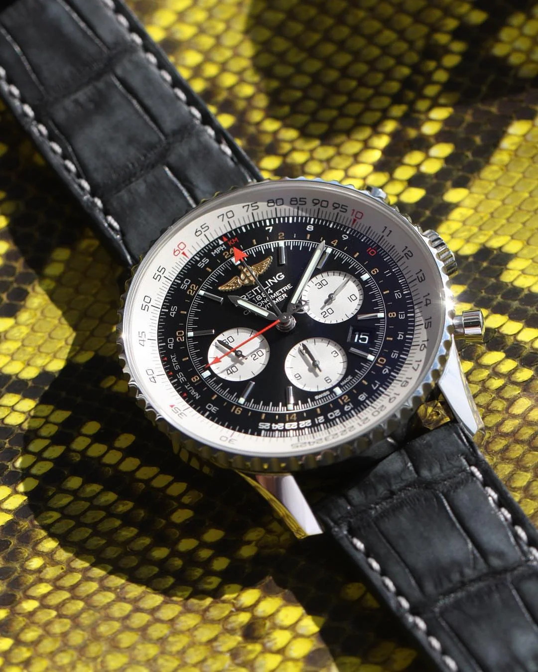Distressed black alligator with light grey stitching for Breitling Navitimer GMT