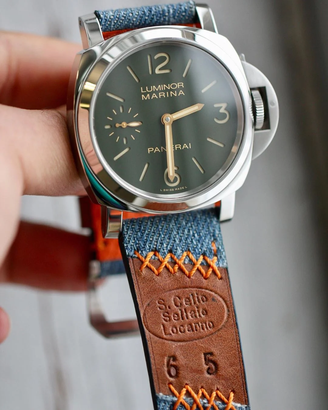 Frankenstein Strap with Denim / WW2 Ammo from Switzerland and orange stitching tribute to original denim on Panerai PAM911