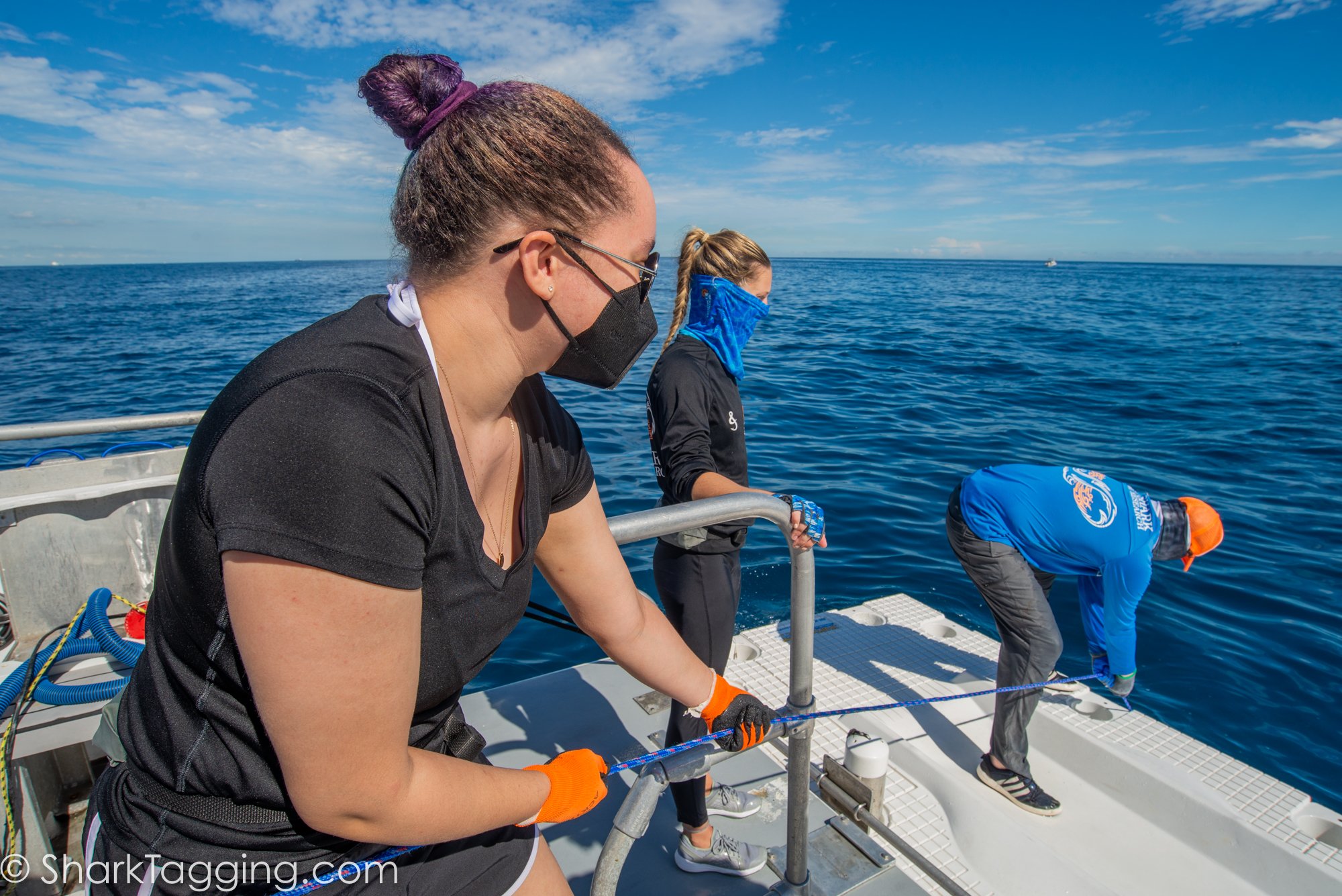 BGD Scholar Violet is holding her line steady as a team member checks the end of the line for a shark