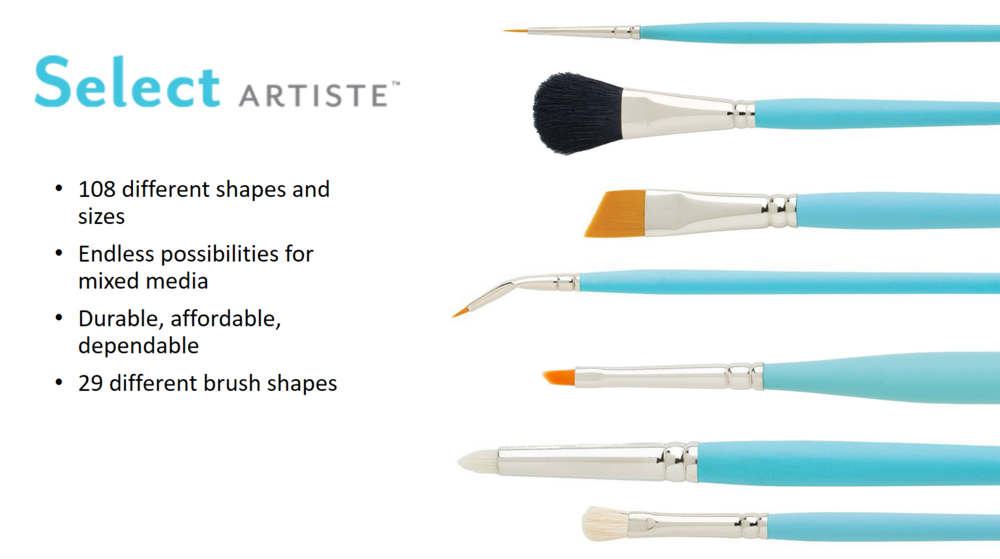 Princeton&nbsp;has a line of brushes called Select which is their best selling line. The complete line has 29 different shapes with all multiple hair types so this line is great for any medium, watercolour, oil, and acrylic.&nbsp; 