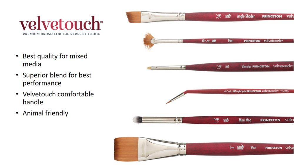  Princeton’s Velvetouch line has my heart! these make detail work so easy.  the handles are coated with a really soft varnish that almost feels like velvet (which is where it gets its name). The velvet feel gives the handle a bit of grip so when you’