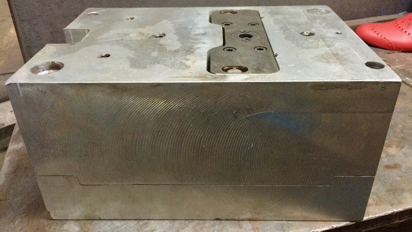 A pair of “rubber shoe” mold is about 20”x18”x15” in size when closed. Each “rubber shoe” mold consists three parts. Due to intellectual property reason, I can’t show these three parts.