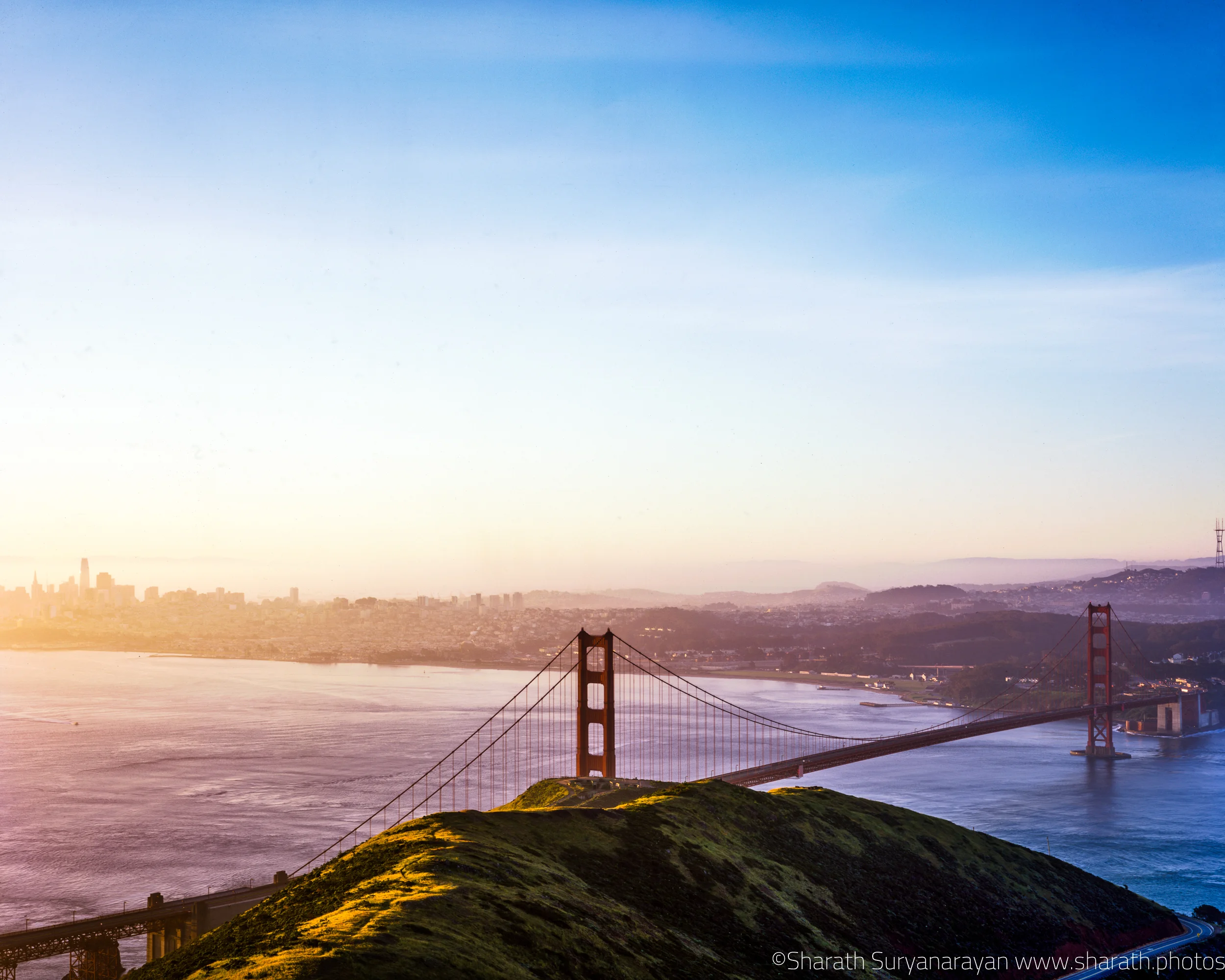 Early morning view of Golden Gate bridge from Slackers Hill, Marin County