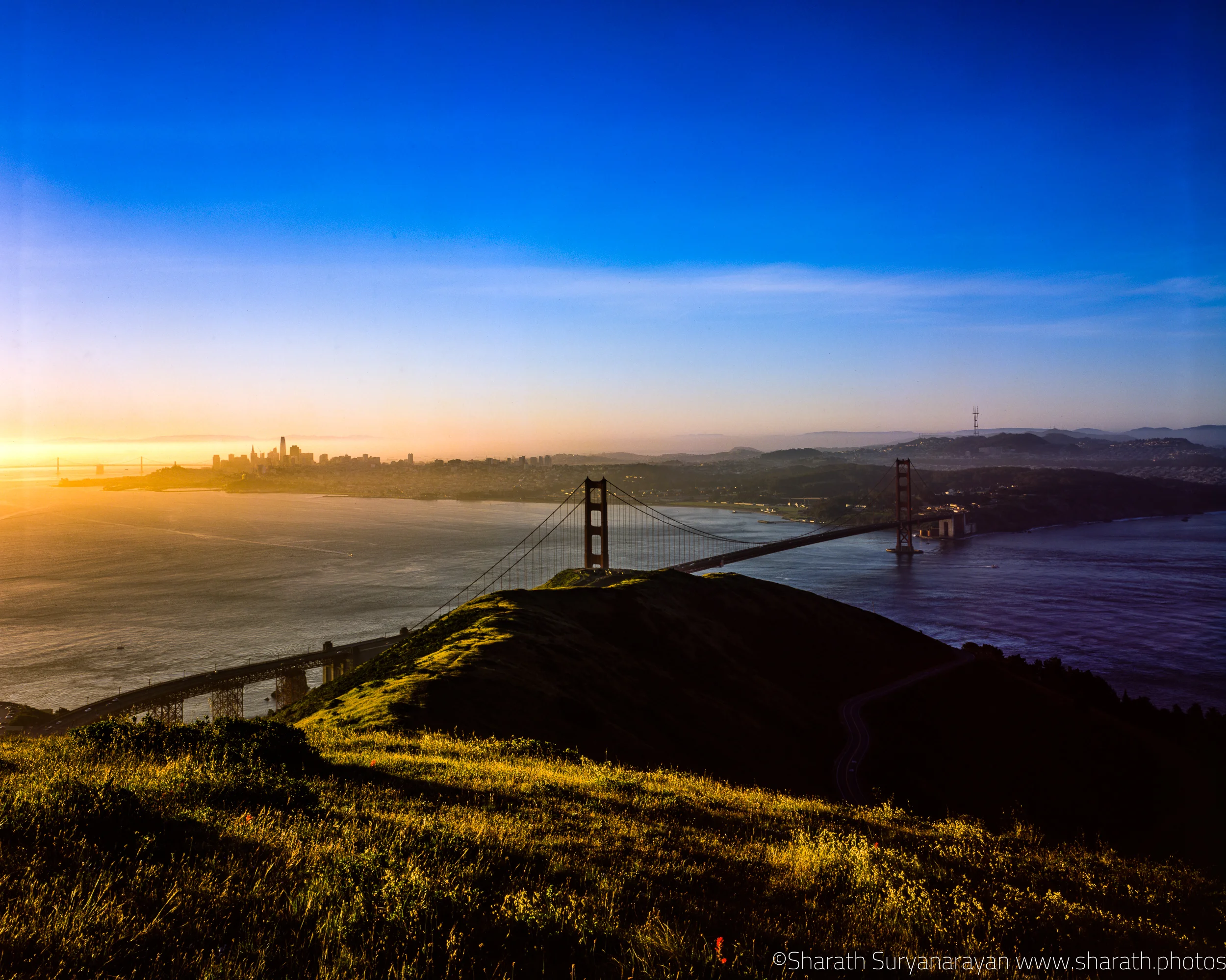 Early morning view of Golden Gate bridge from Slackers Hill, Marin County