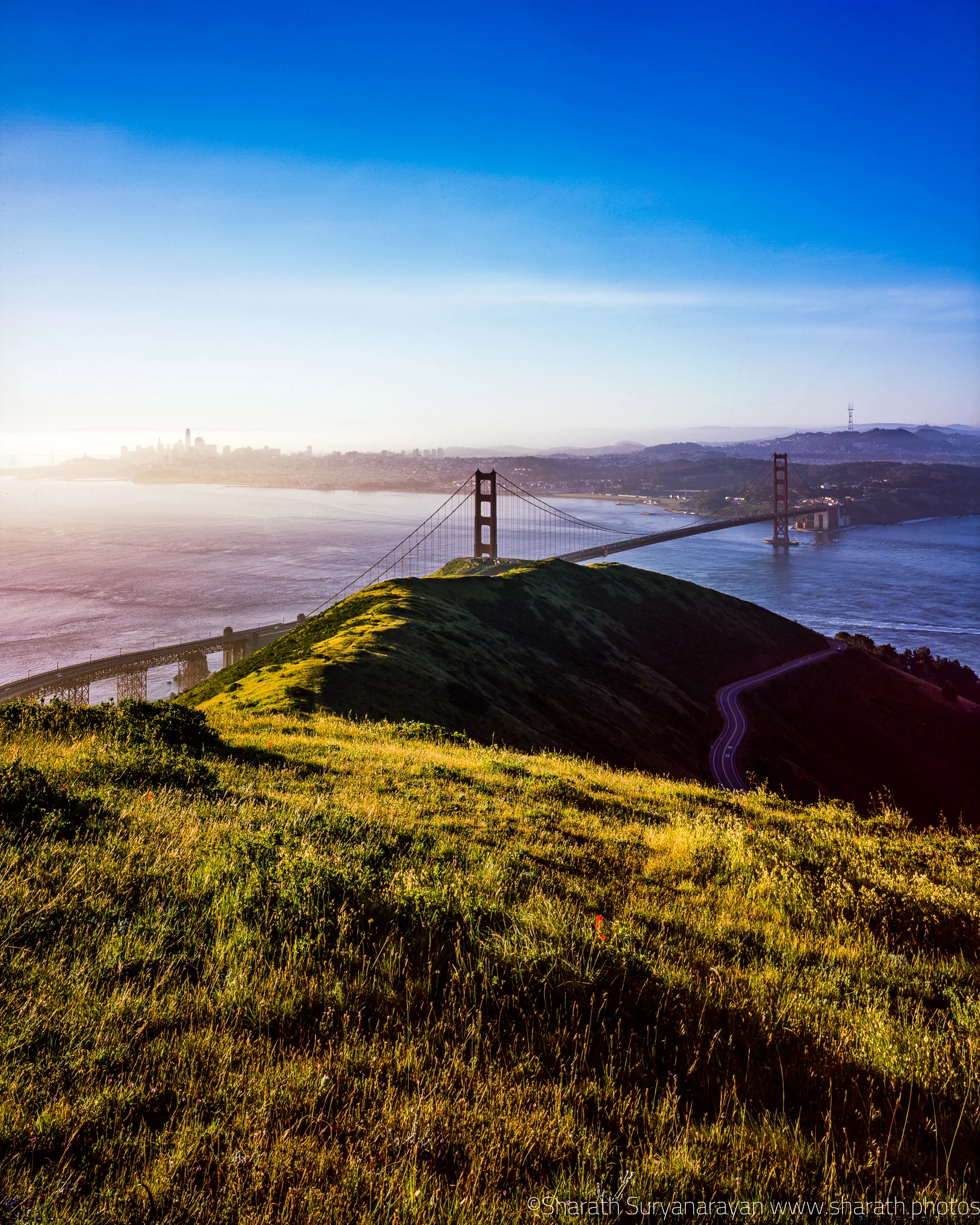 Early morning view of Golden Gate bridge from Slackers Hill, Marin County