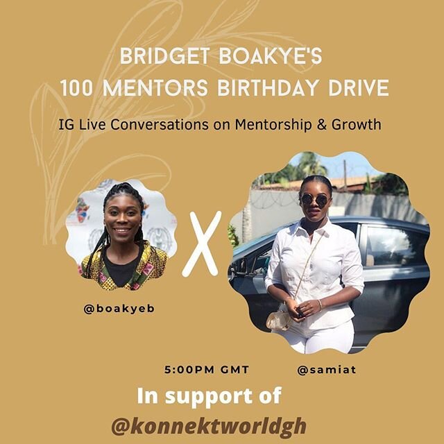 Hey friends! Today on IG live, I will be talking growth and mentorship with @her_frojesty as part of my 100 Mentors Birthday Drive. Samiat Kwaning works in real estate in Ghana, and is an entrepreneur and founder of Touch A Life Impact Group. She has