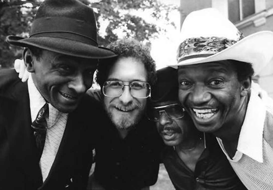George Nierenberg with Chuck Green, Bunny Briggs, and Sandman Sims on the set of No Maps on My Taps. Photo courtesy American Tap Dance Foundation.