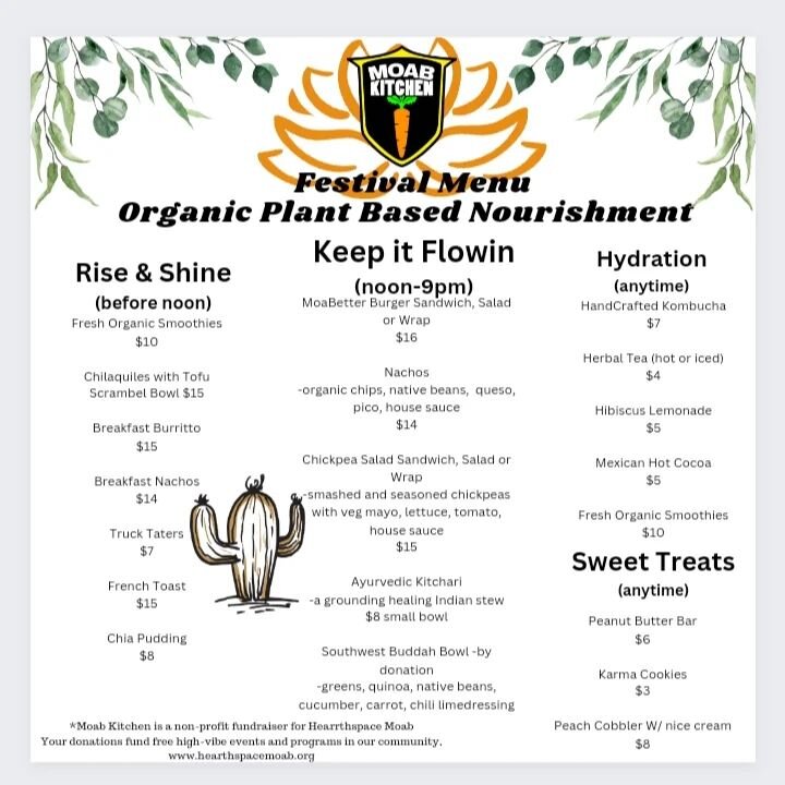 We are away at festivals @ticotimeriverresort for the following two weeks.
@_unison_fest_ this weekend and @serenityfestival the following.
We hope to nourish YOU there!

Be back open in Moab for @hearthspacemoab 3rd Thursday September 21 open 4pm

#