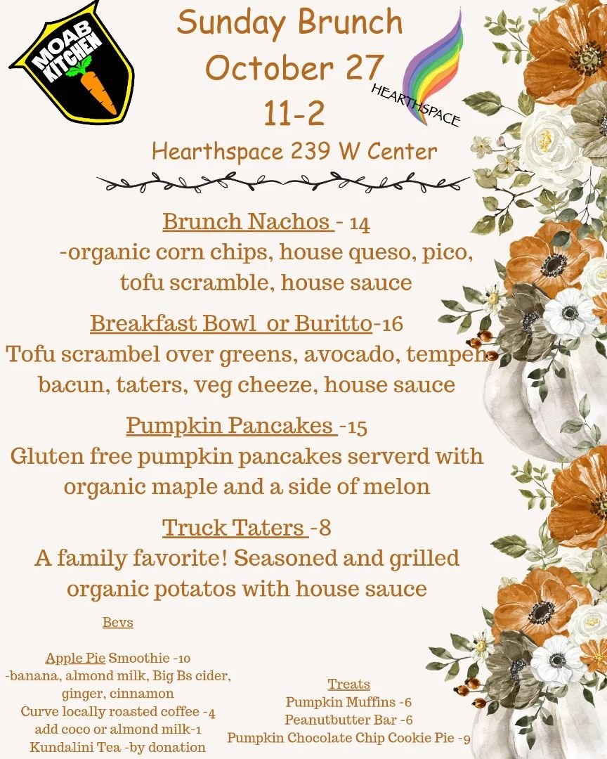 Announcing a Special Pop-up Brunch! 
Sunday October 27 
11-2pm
Hearthspace 239 West Center 

There will also be some special autumn treats and drinks! 🎃🍁