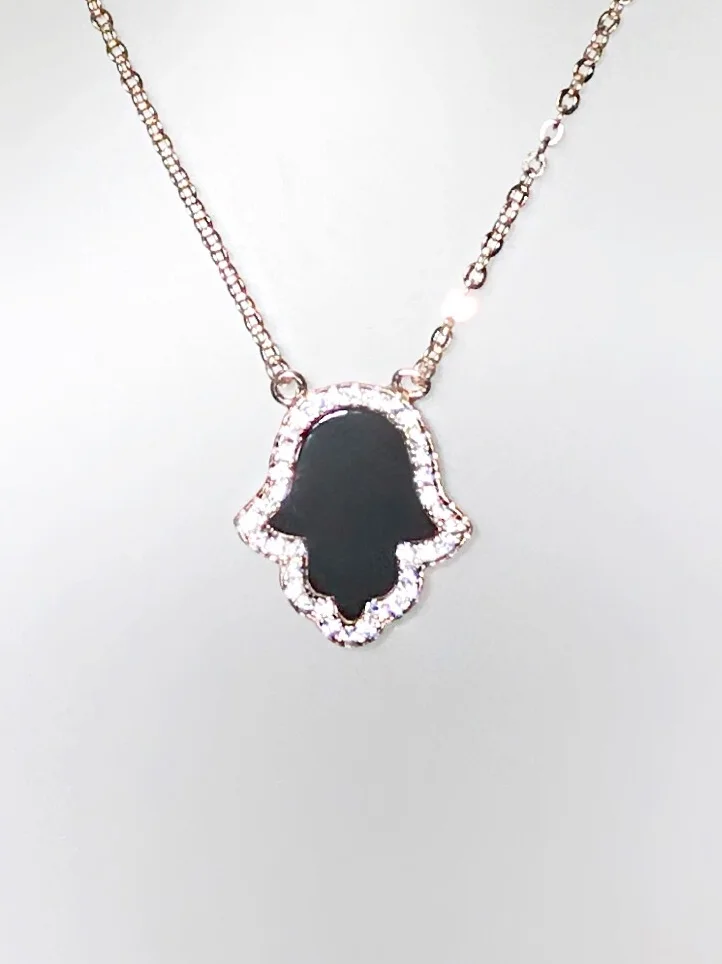 CZ and Black Onyx Hamsa Necklace