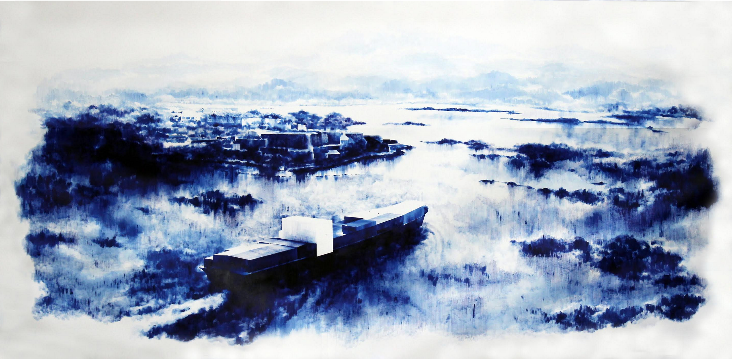 Lost Port , 2017, acrylic, ballpoint pen and colored pencil on paper, 76 x 150 in