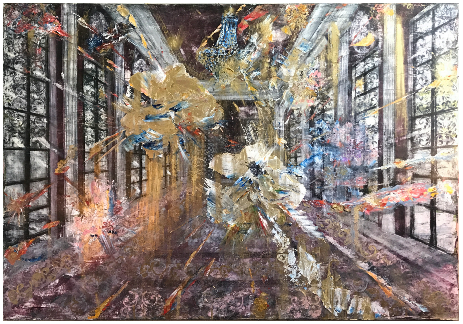 Flores para Fortaleza , from the “Colonial Suites” series, 2017, oil on canvas, 50” x 71”