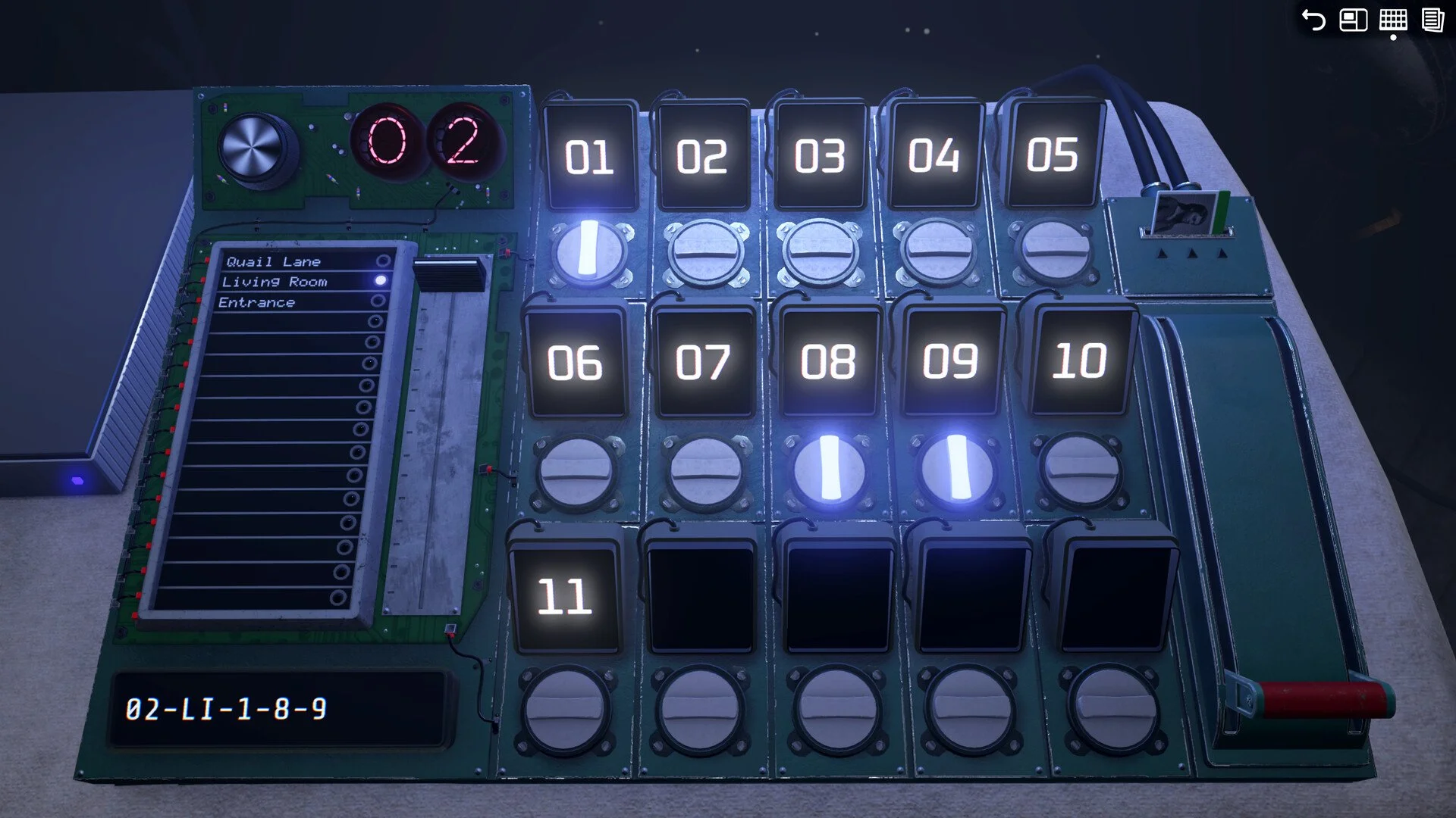 A clunky machine-computer with bright lights, big dials, knobs and a big lever. It seems to be related to the command line inputs of the original game.