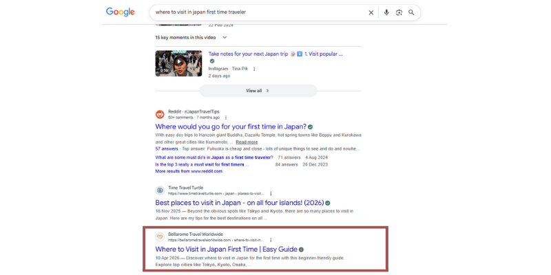 Google search showing website ranking third organically because of better SEO