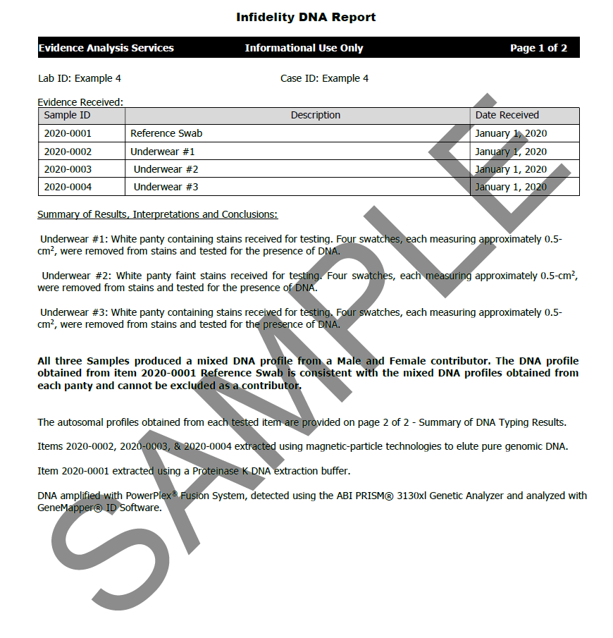 Example Infidelity DNA Test Results Page 1 - Validity Genetics