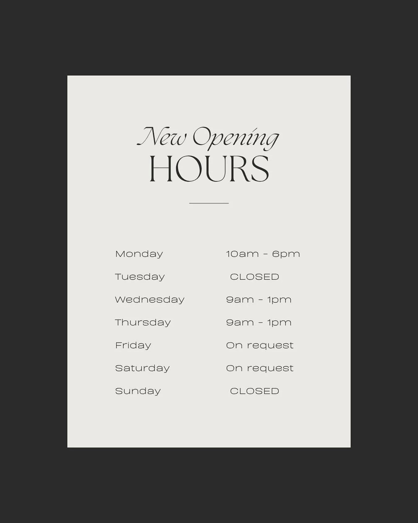 NEW OPENING HOURS🤍
Appointments out of hours can be made on request🫶🏻