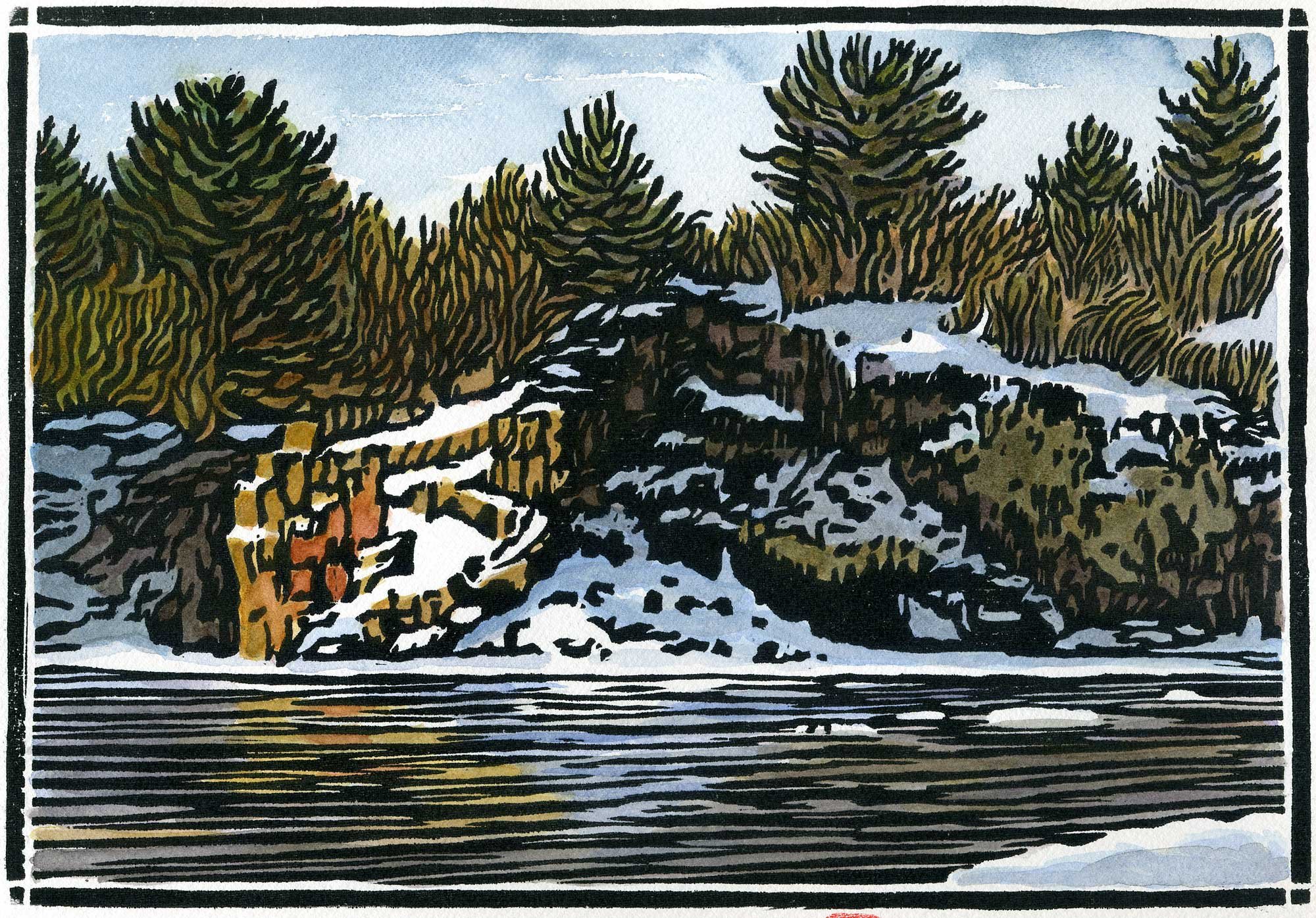 Original woodblock print with watercolor of snow on the St Croix River