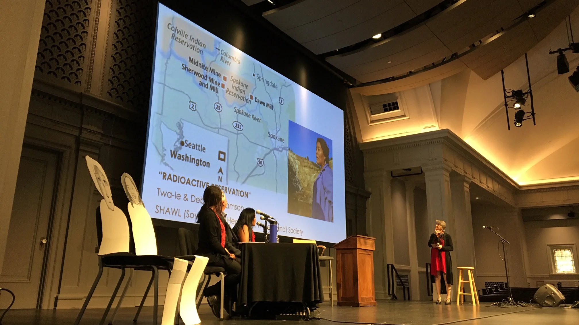 Twa-le Abrahamson Swan, Tom Carpenter and Kara Sweidel testify to the “Senators” about the harms of nuclear weapons on Washington’s communities, workers and environment, as Dr. Amy Hagopian moderates the first of three panels in the People’s Town Hall on Nuclear Weapons.