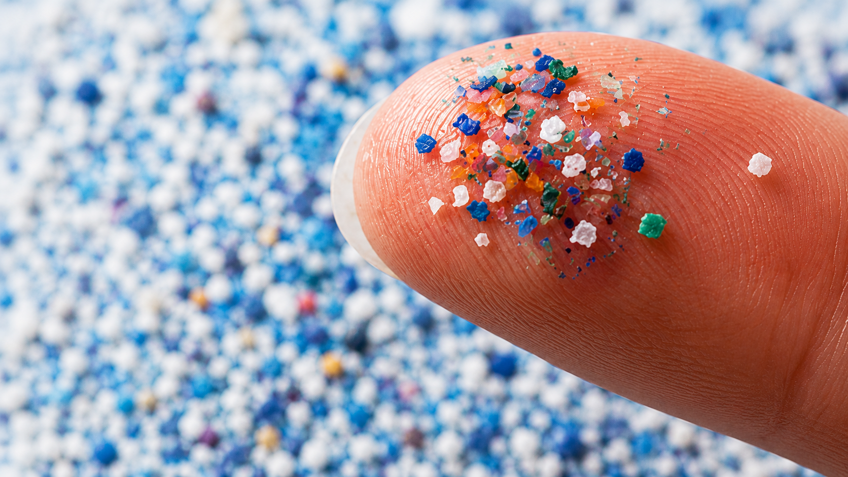 Image of recycled plastics on a finger.