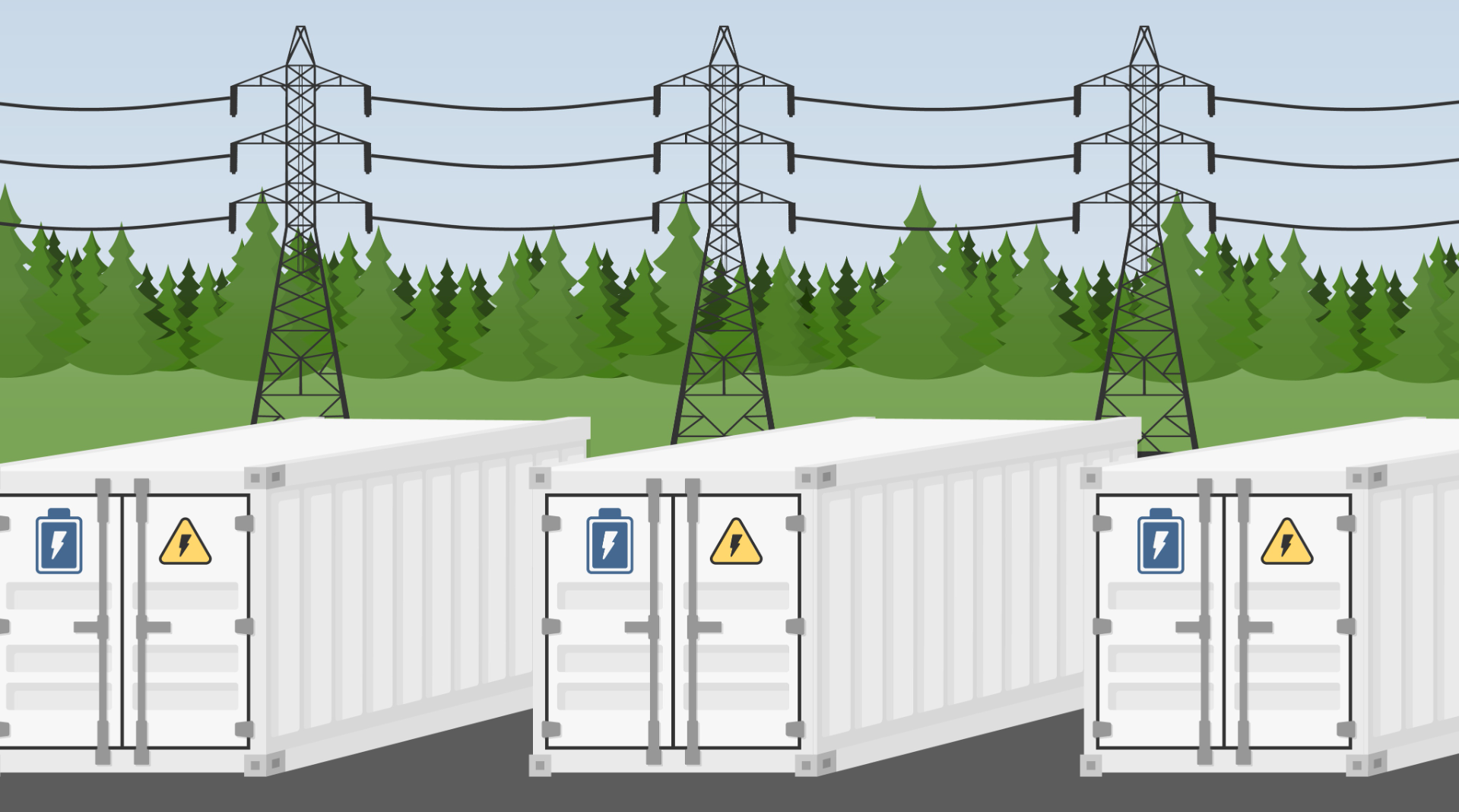 Illustration of battery storage systems located amongst woods and power lines.
