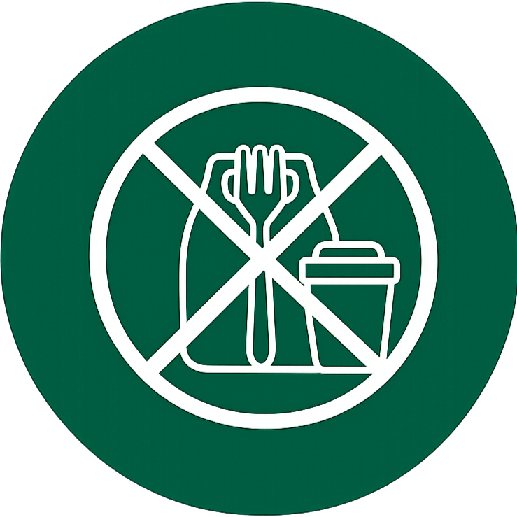 Green circle with white icon circle with X through it, covering plastic bags and cups.