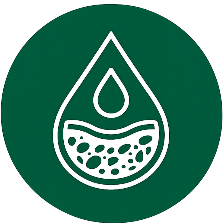 Green circle with white line icon depicting a water drop with biosolids inside it