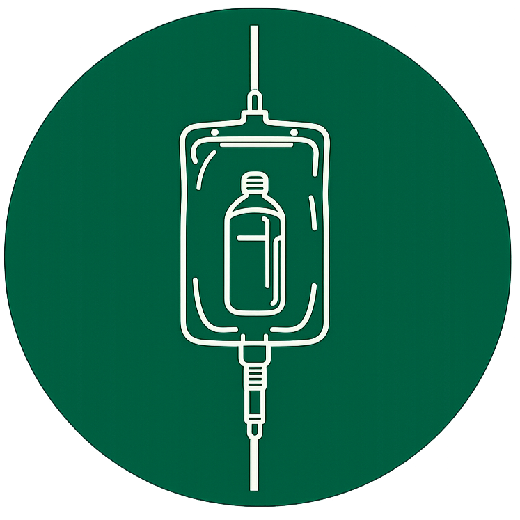 Green circle with white outline icon of an IV bag.