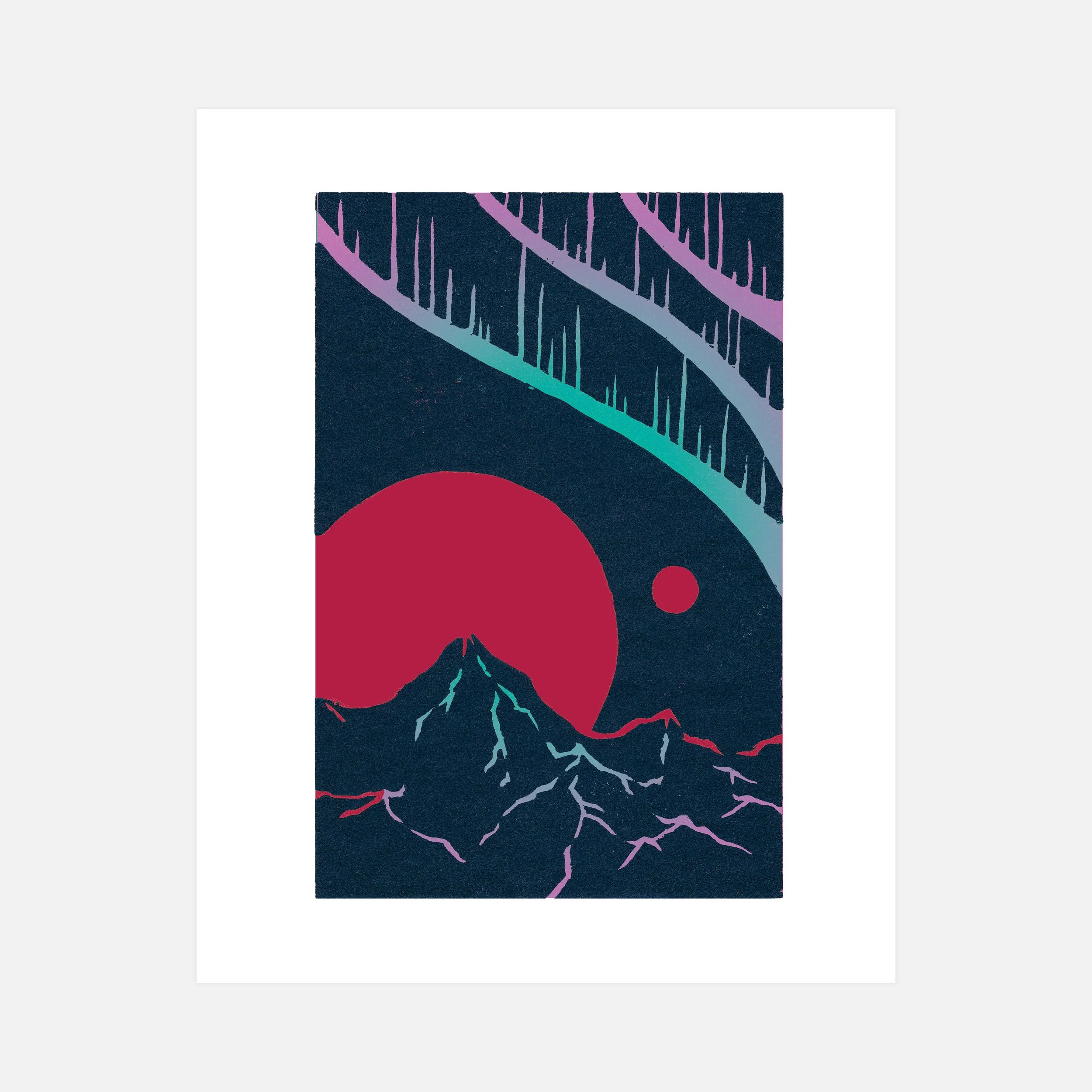 Mountains beneath Red Moon and Aurora Print