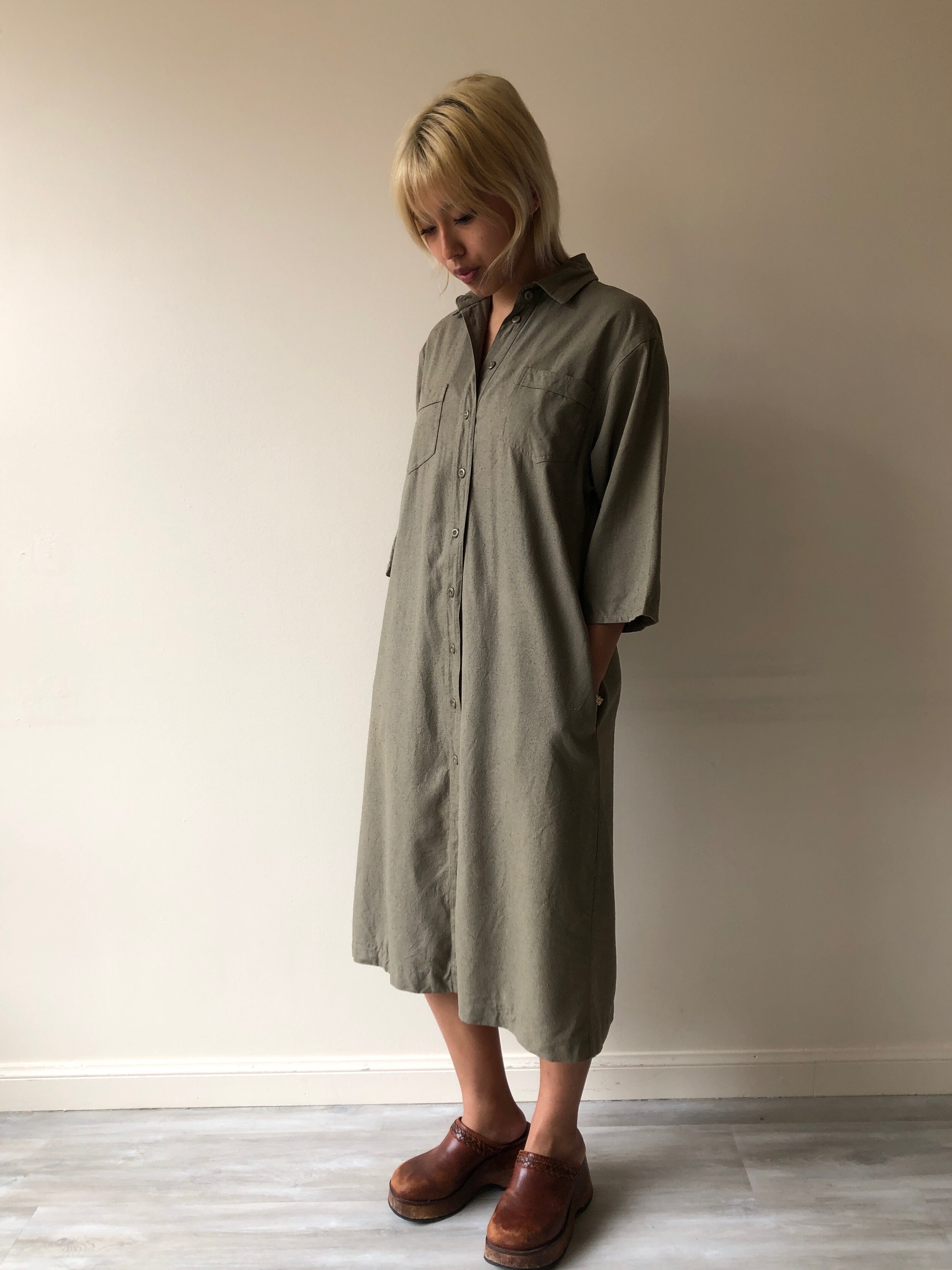 80s OLIVE RAW SILK SHIRT DRESS - Kensington, Ca