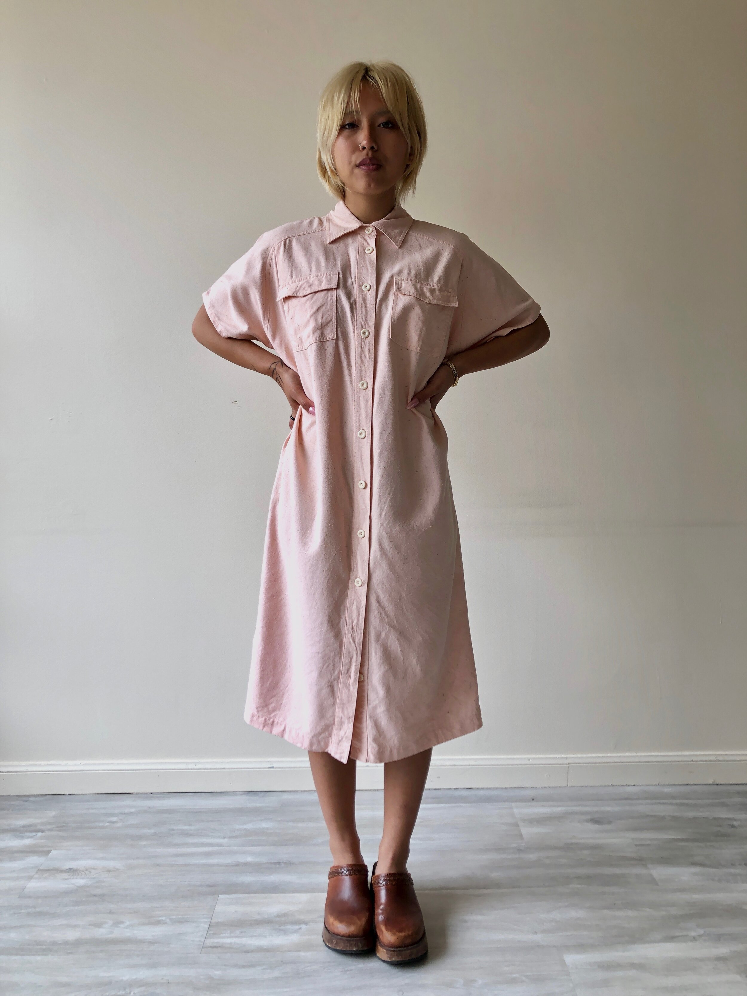 80s LIGHT PINK RAW SILK SHIRT DRESS - Kensington, CA