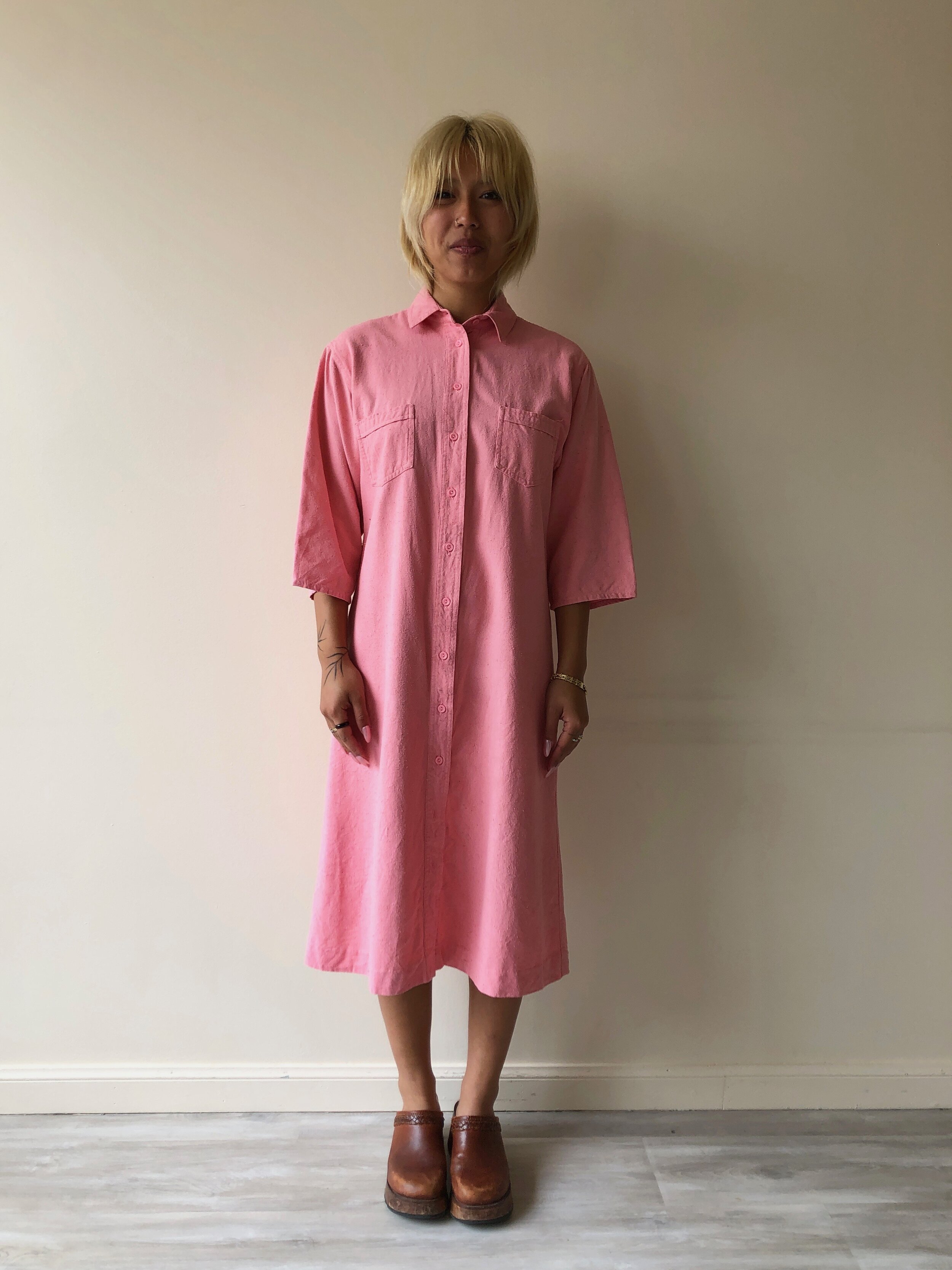 80s BUBBLEGUM RAW SILK SHIRT DRESS - Kensington, Ca