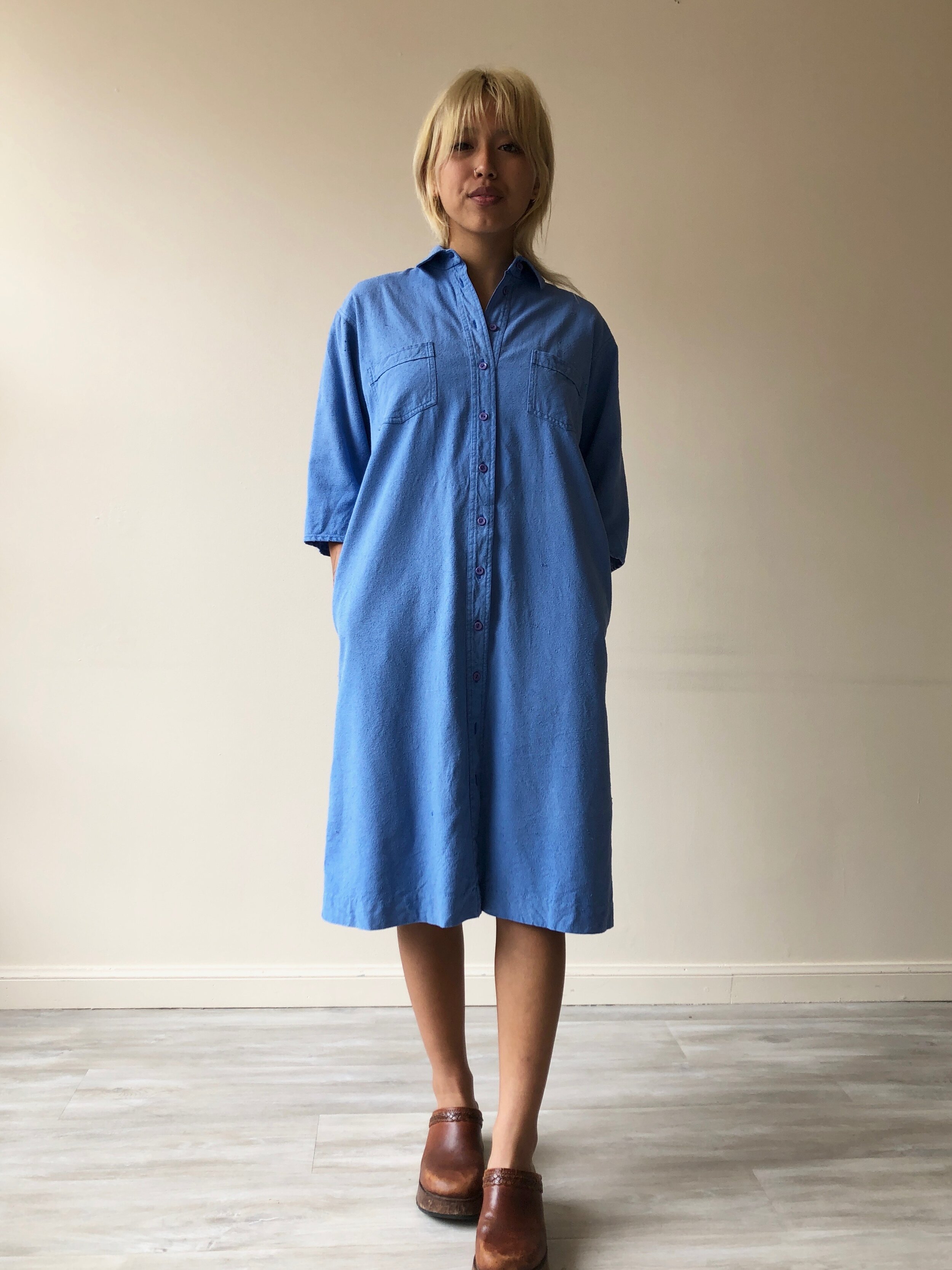 80s CORNFLOWER BLUE RAW SILK SHIRT DRESS - Kensington, Ca