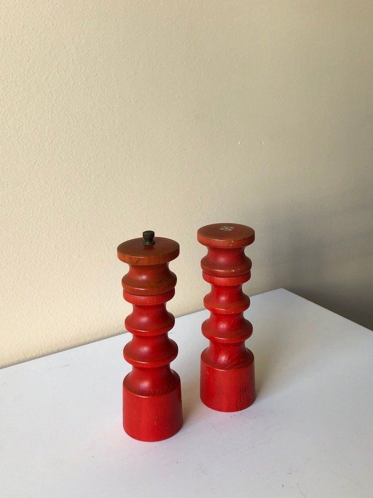 MID CENTURY RED WOODEN SALT AND PEPPER