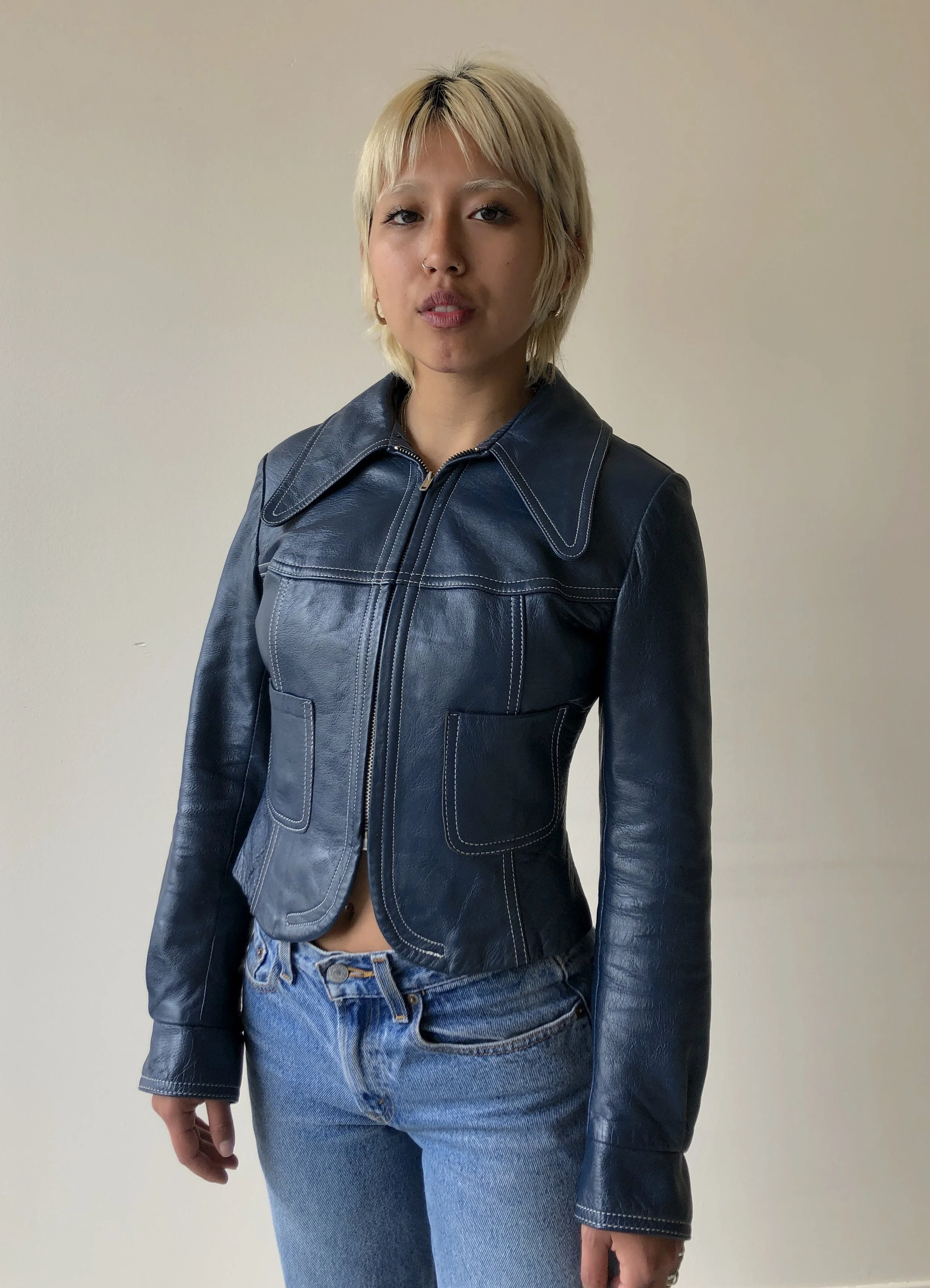 1960s BLUE LEATHER CROP JACKET - Hayward, Ca