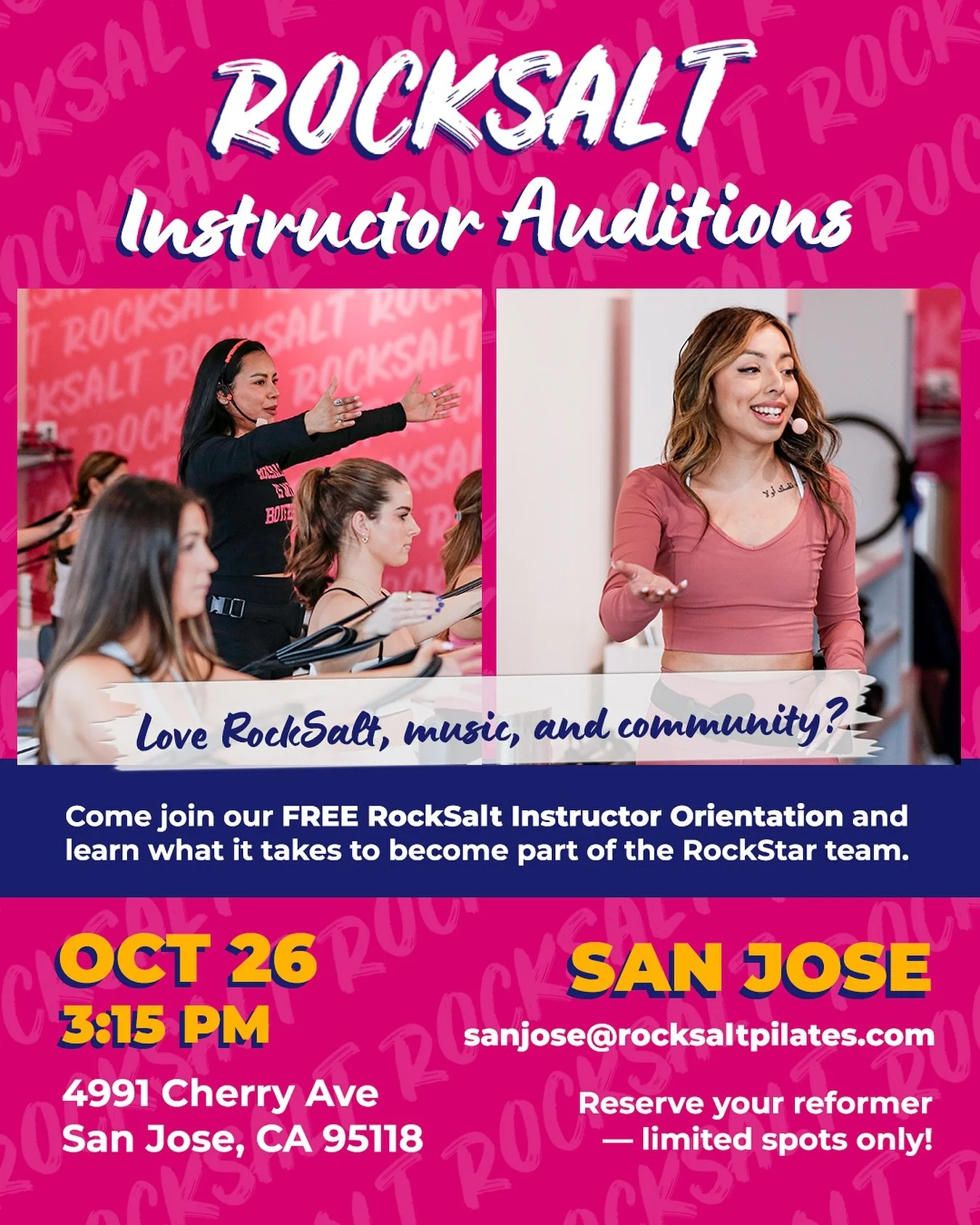 📣 Instructor Auditions &mdash; San Jose
Do you love RockSalt, music, and community? 💥
Join us for a free Instructor Orientation and see what it takes to become part of the RockSalt team.

🗓 October 26 | 3:15 PM PST
📍 RockSalt San Jose
4991 Cherry