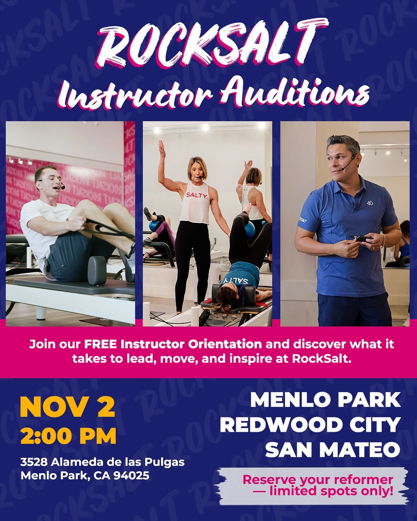 📣 Instructor Auditions &mdash; RockSalt Menlo Park, RockSalt Redwood City, &amp; RockSalt San Mateo
Do you love RockSalt, music, and community? 💥
Join us for a free Instructor Orientation and see what it takes to become part of the RockSalt team.

