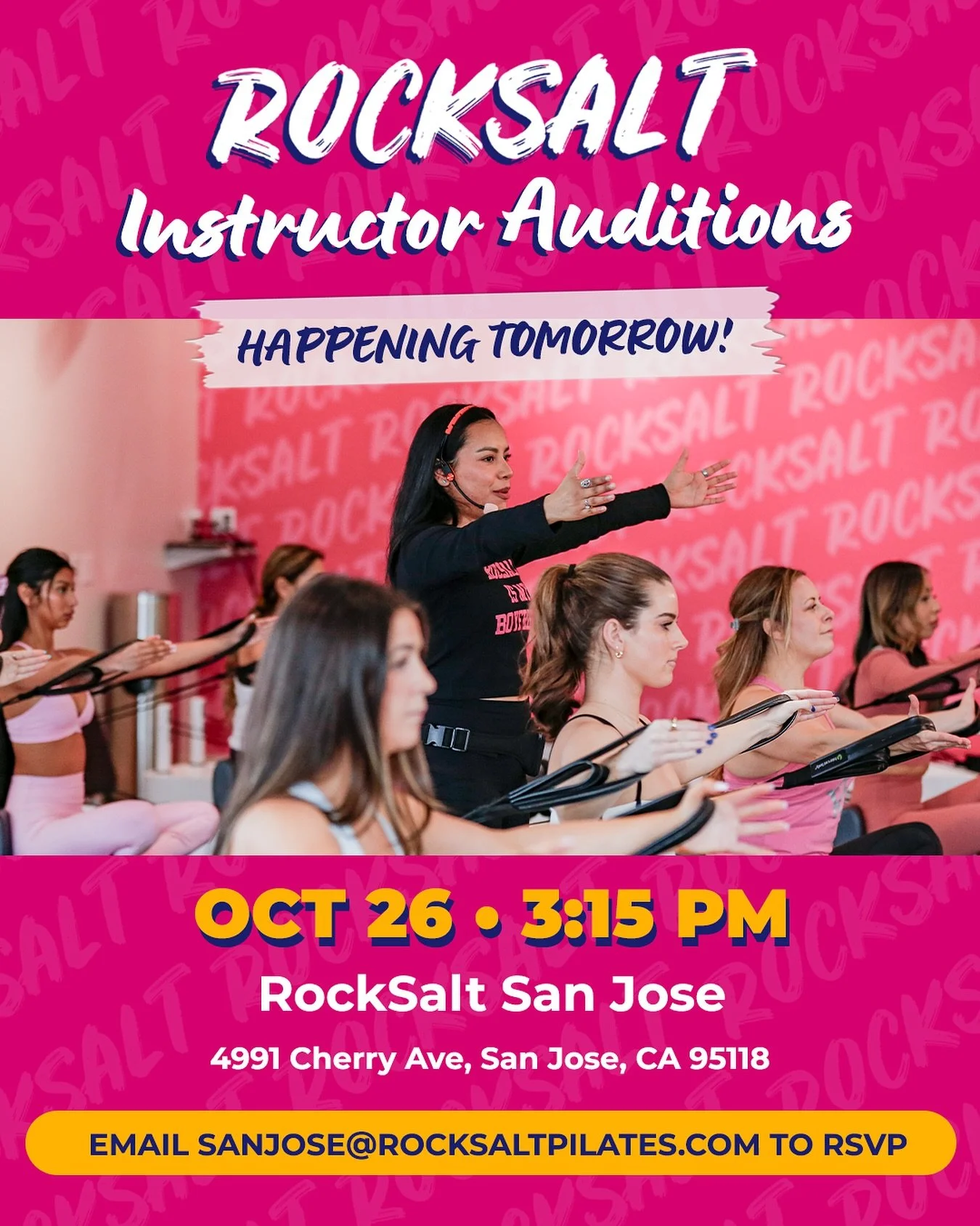 ⚡ Reminder &mdash; San Jose Instructor Auditions!

This is your moment to bring the RockSalt energy to the mic! 🎤💥
Join our free Instructor Orientation and see what it takes to lead, move, and inspire with us.

🗓 Tomorrow, October 26 | 3:15 PM PST