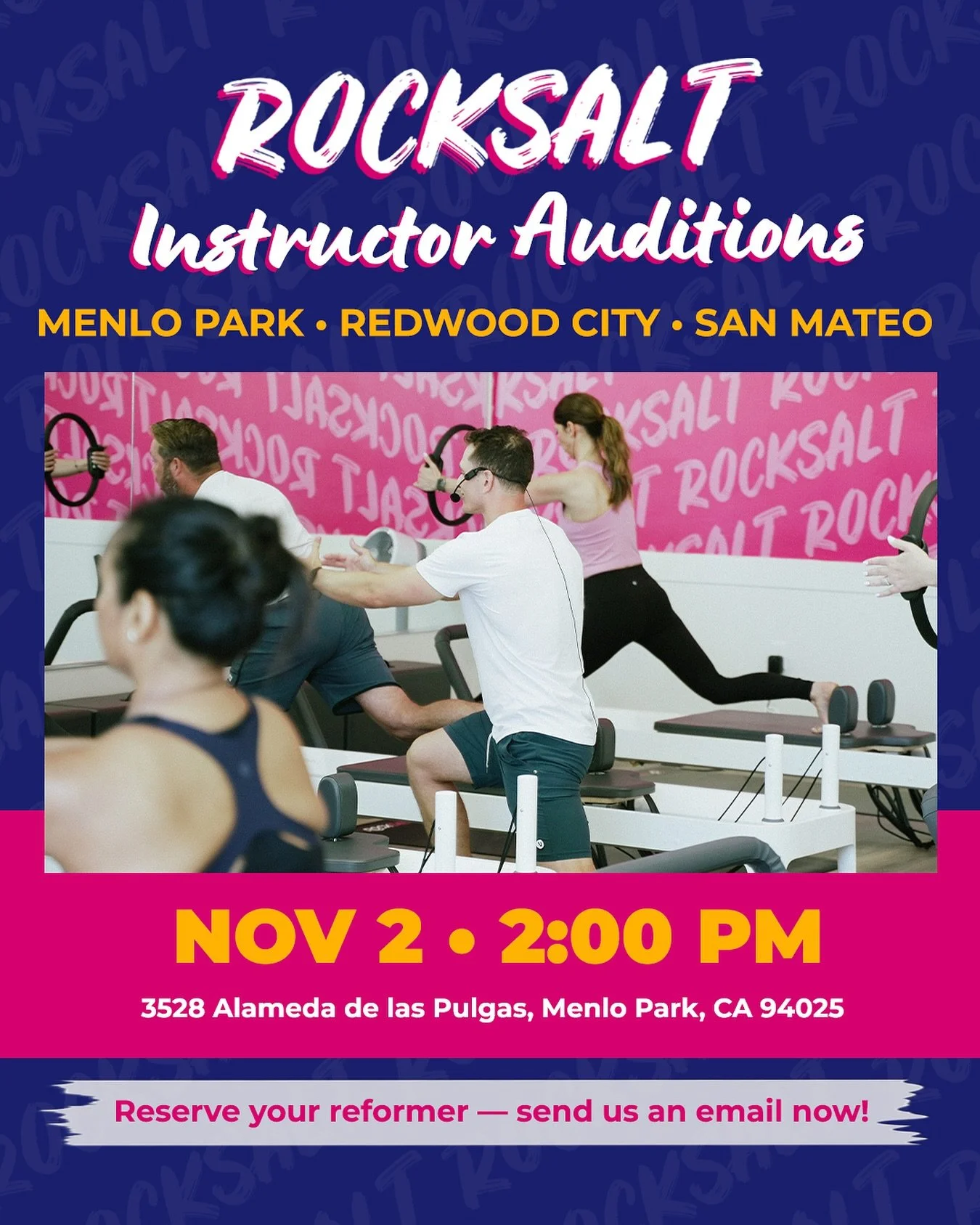 ⚡ Reminder — Instructor Auditions for RockSalt Menlo Park, Redwood City & San Mateo!
Don’t miss your chance to take the lead and join the RockSalt team! 💪🎶
Our free Instructor Orientation is happening this weekend — come see