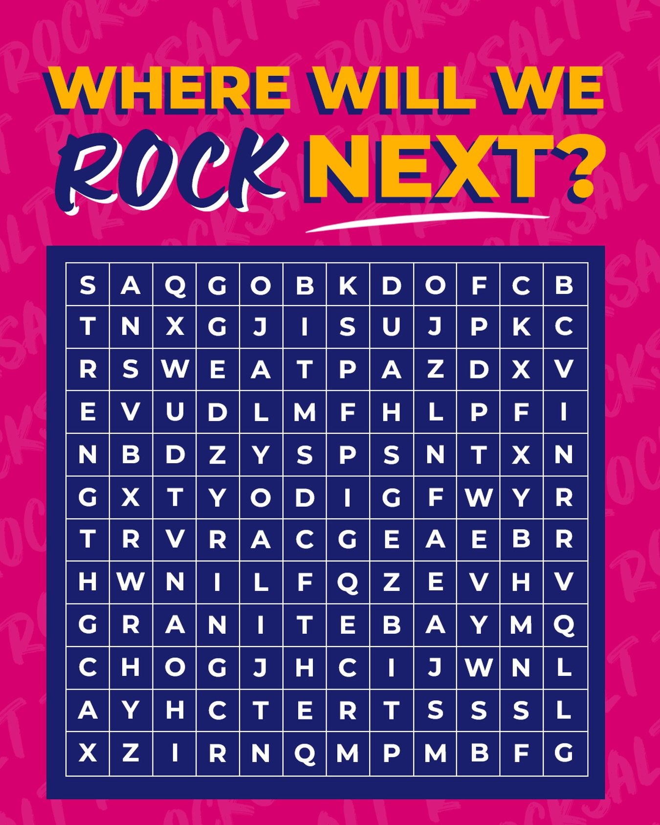 Where Will We ROCK Next?
Can you find it? 🔍
Search the letters and drop your guess below 👇

#GetSalty #RockSaltPilates #RockInRockOutRockOn #StretchStrengthSweat #ReformerPilates