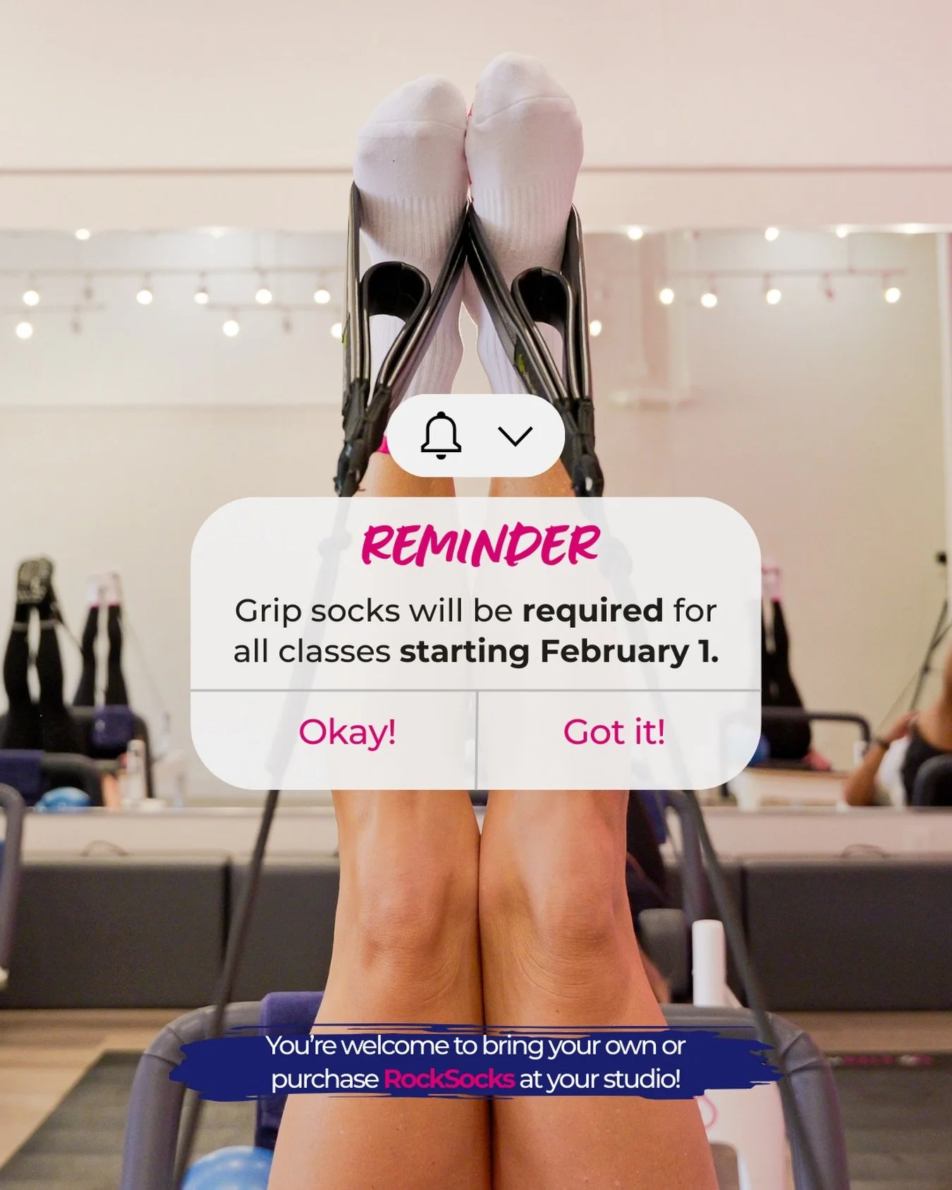Studio Reminder! 💙🩷

Starting February 1, grip socks are required for all classes.

Bring your own, or grab a pair of RockSocks right at the studio!

See you on the reformer!

#GetSalty #RockSaltPilates #RockInRockOutRockOn #StretchStrengthSweat #R