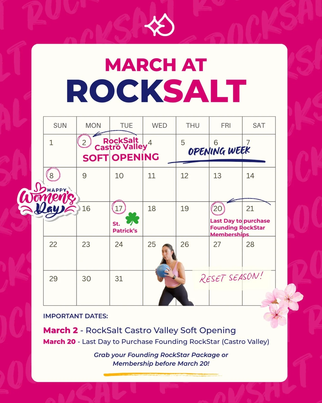 March at a Glance 🗓️
A new season and a strong start. 💪

Lock in your classes and let&rsquo;s Max Out this March! &rarr; rocksaltpilat.es/sB5l

🚨 March 20 &mdash; Don&rsquo;t miss your chance to become a Founding RockStar at Castro Valley!

#GetSa