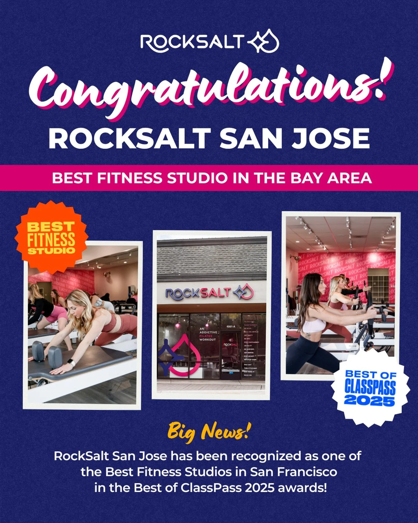 We&rsquo;re celebrating! 🎉

RockSalt San Jose is officially one of the Best Fitness Studios in San Francisco in the Best of ClassPass 2025 awards.

Thank you to our incredible community who shows up ready to stretch, strength, and sweat with us. 💙?