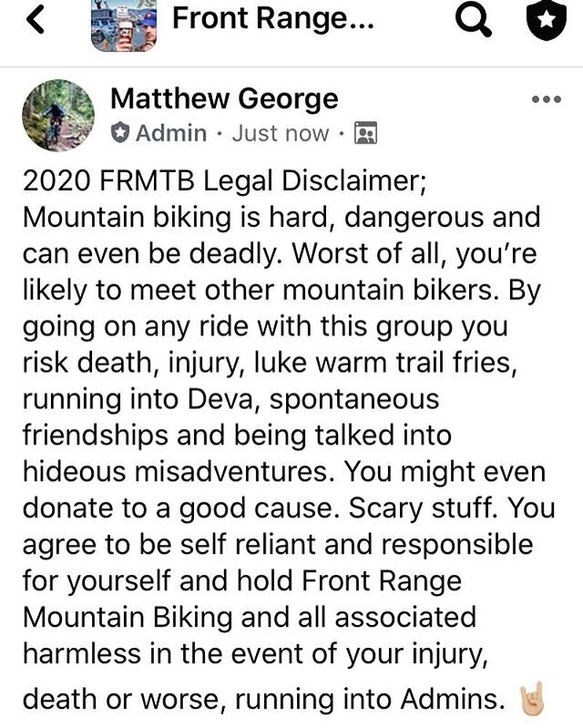 2020 FRMTB Legal Disclaimer. Very important! 🍩
.
.
.
.
#optoutside #mtb #mtblife #mtblifestyle #frontrangemountainbiking #denver #frontrange #colorado #mountainbike #mountainbikes