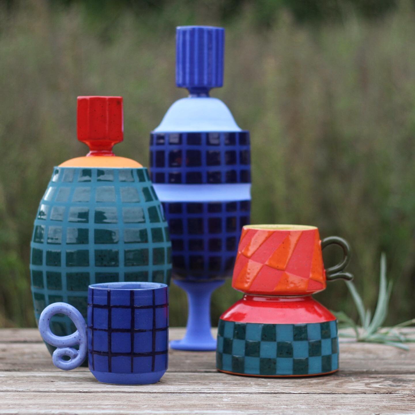 Some fun vessels just out of the kiln! I&rsquo;ll be adding these to my website later this week, and that tall blue guy will be the first addition to a new &ldquo;seconds&rdquo; section, where you&rsquo;ll be able to get pots at (relatively) cheap pr