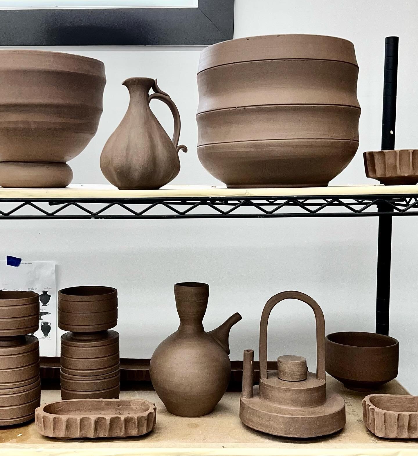 WIP for an upcoming wood-firing! After the last wood-firing in May, our group issued a challenge to one another to make a teapot for the October firing. That sort-of ziggurat-looking teapot is what I came up with :) Looking forward to seeing everyone